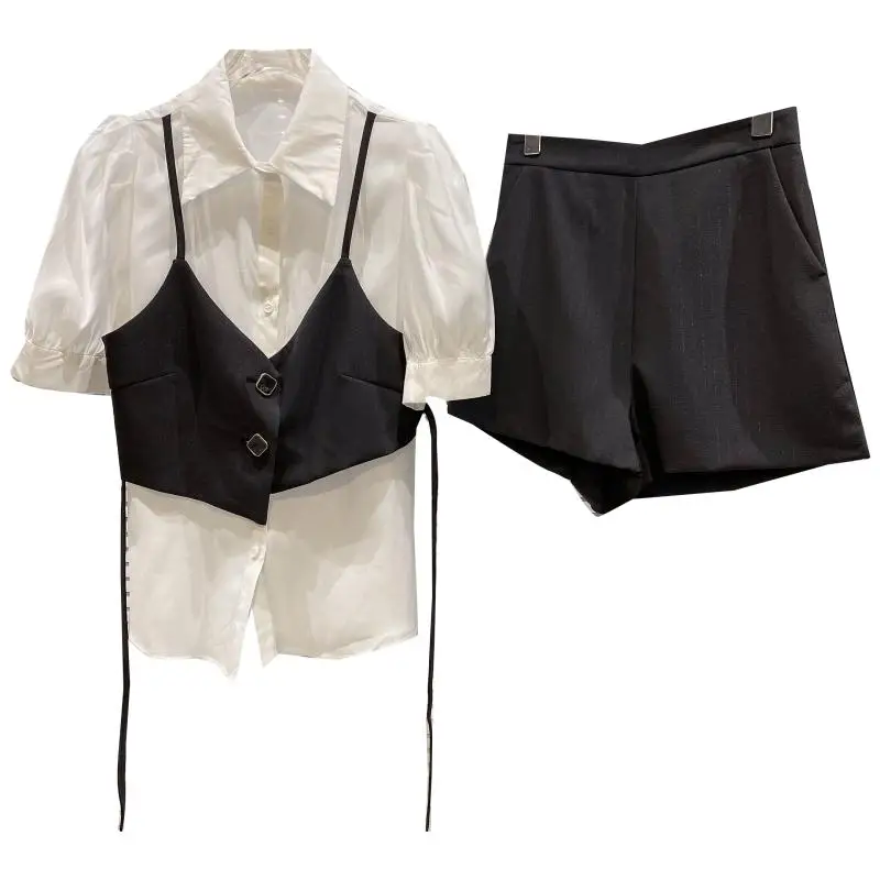

Bra Stitching Shirt + Suit Shorts Women Two Piece Set For 2021 Summer