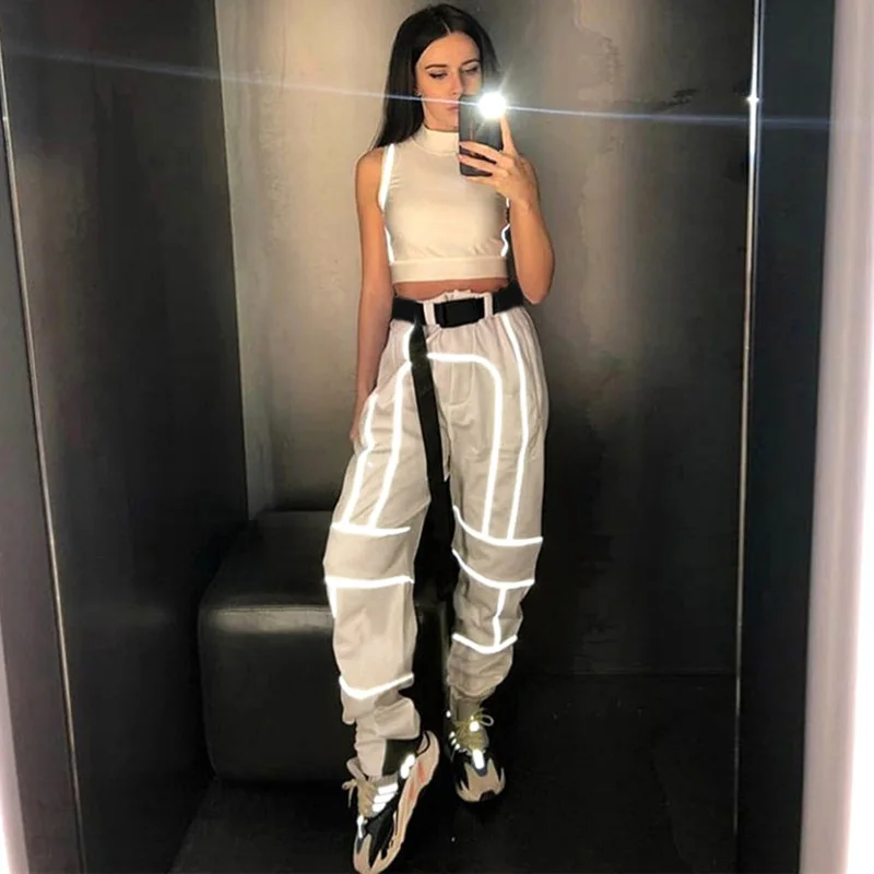 

Streetwear Reflective Striped Sashes Pants Women 2020 harajuku High Waist Pant Loose Cargo joggers women Bottom Capris