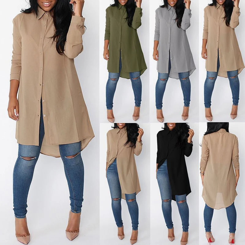 

New Women Summer Loose Casual Blouse Shirts Blusas Solid Long Sleeve Shirt Button Back Asymmetric Ladies Top Plus Size 2 XL