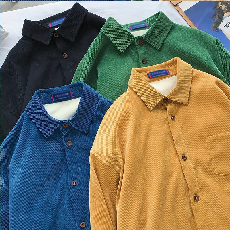 Корейская винтажная Хлопковая мужская рубашка свободная однотонная желтая с