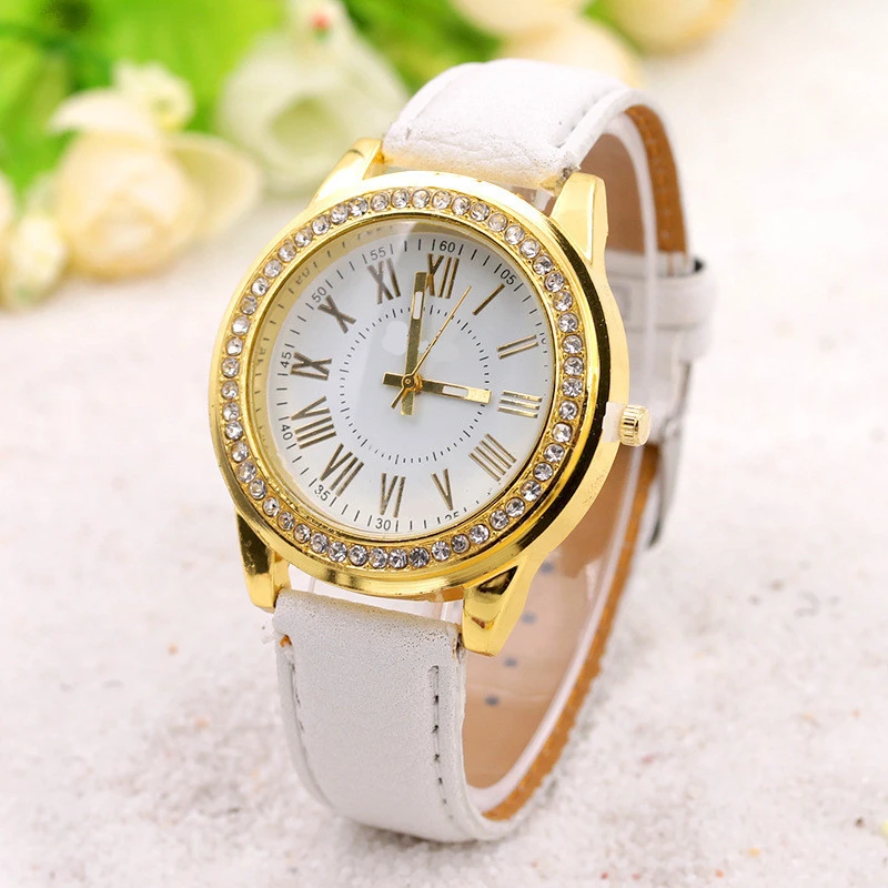 

Quartz Watch Women Roman Durable Leather 1pcs Rhinestone Watches New Numerals Wristwatch Simple Style Watches