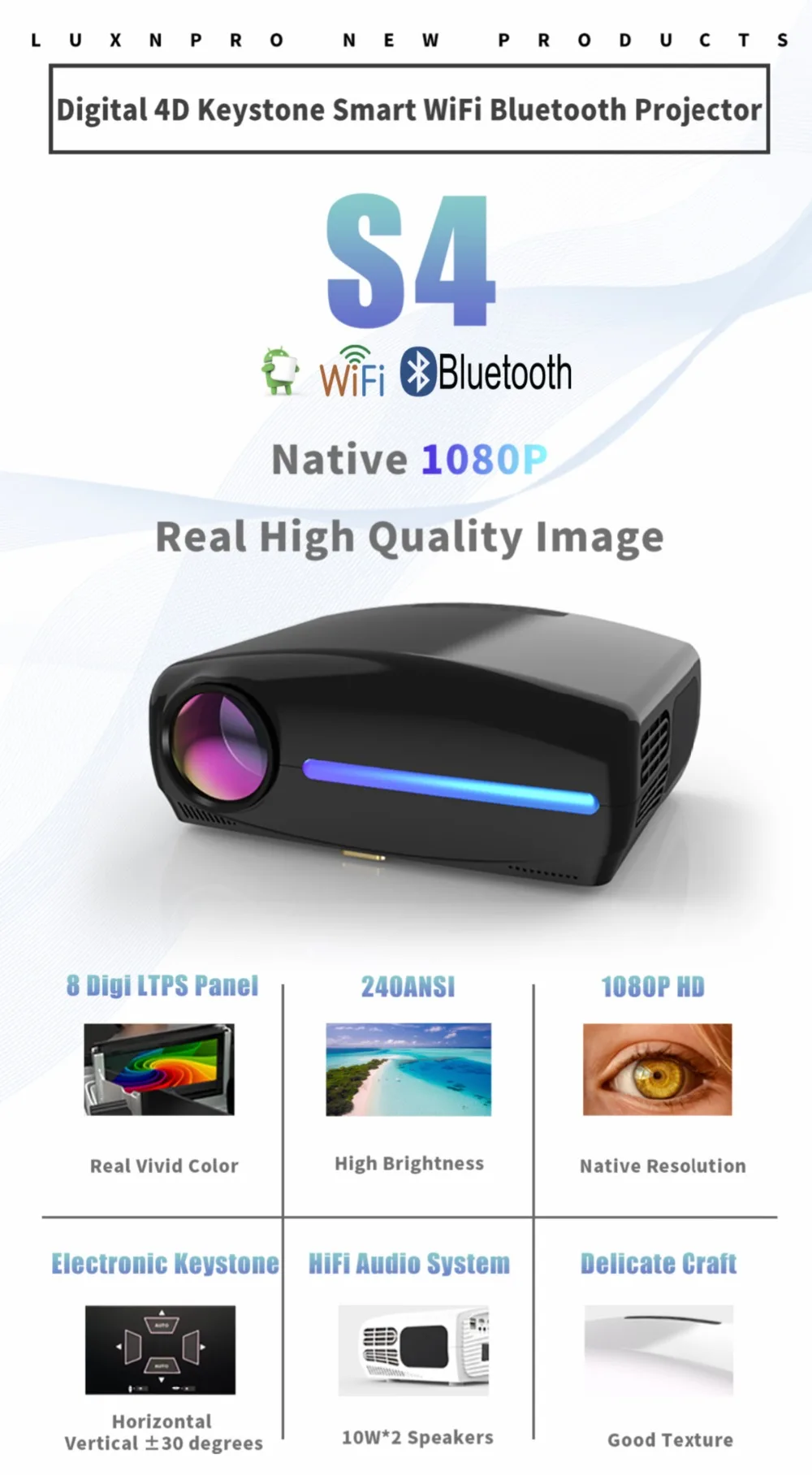 4D Keystone Android Smart WiFi Bluetooth собственный 1080P Full HD проектор S4