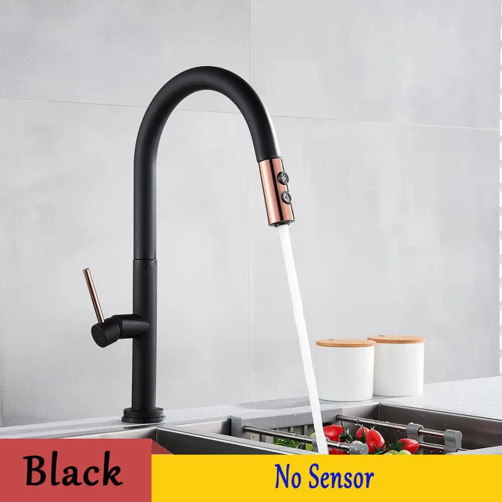 black no sensor Белый/черный датчик кухонной раковины кран Pull out Sense сенсорный кран на бортике смеситель холодной горячей воды на батарейках - Цвет: black no sensor