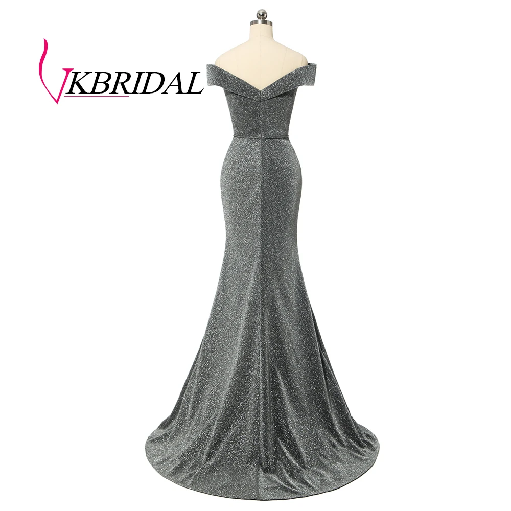 VKBRIDAL серое вечернее платье с открытыми плечами сексуальное блестящее платье с разрезом для выпускного вечера