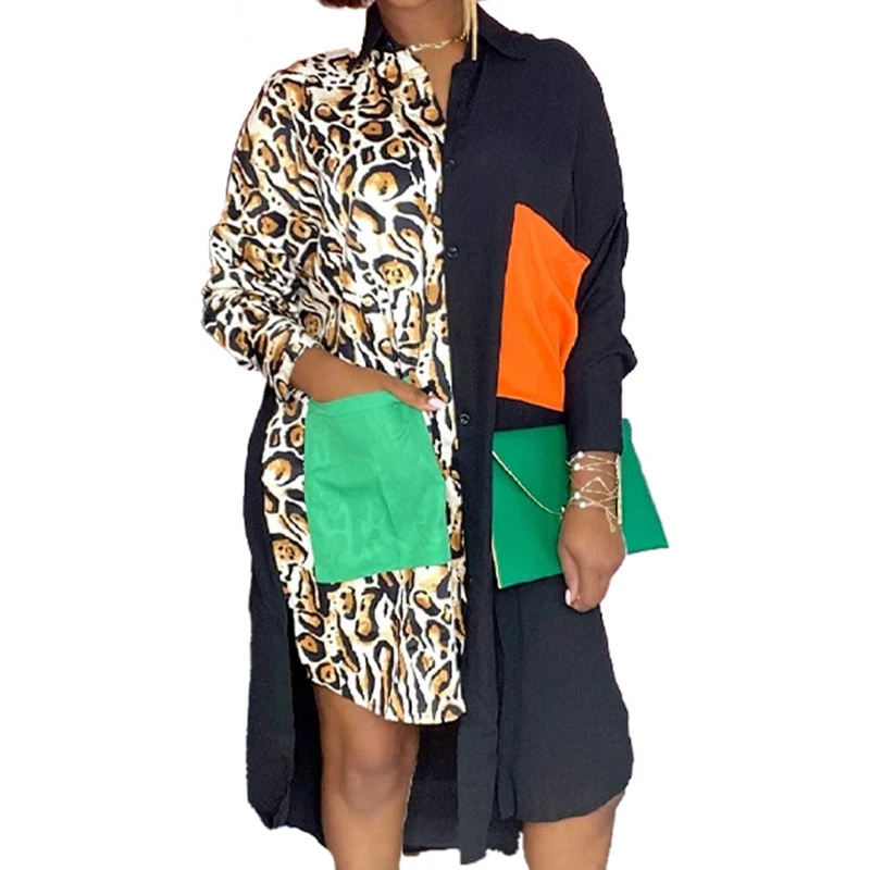 

STYLISH LADY Contrast Color Patchwork Shirt Dress 2021 Autumn Women Long Sleeve Irregular Button Pocket Hip Hop Mini Dress