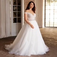 simple tulle plus size wedding dress for bride elegant pleat floor length bridal gown off shoulder v neck seep train a line robe