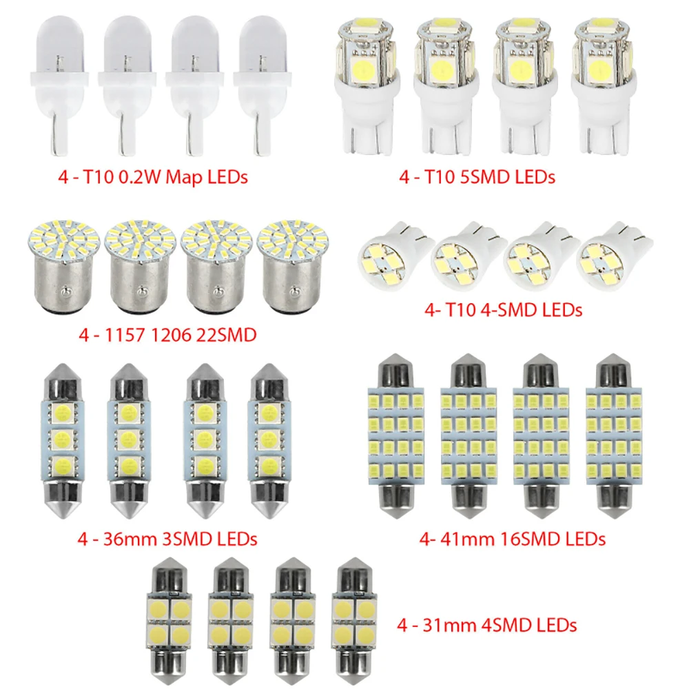 

28Pcs T10 W5W Mixed Car Interior LED Smd Light License Plate Lamp Reading Light Trunk Tail Parking Bulbs Set