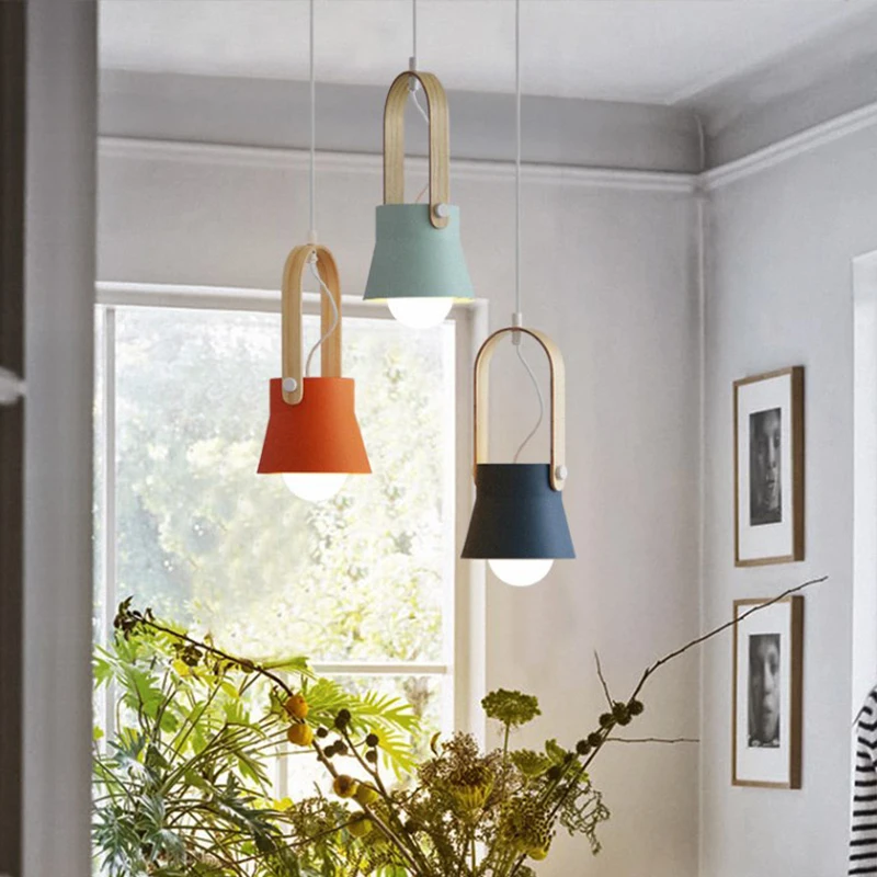 

Nordic Simple Pendant Light Vintage Macaron Iron Wood Hanging Lamp for Bedroom Home Cafe Restaurant Other Bedrooms Hanging Lamp