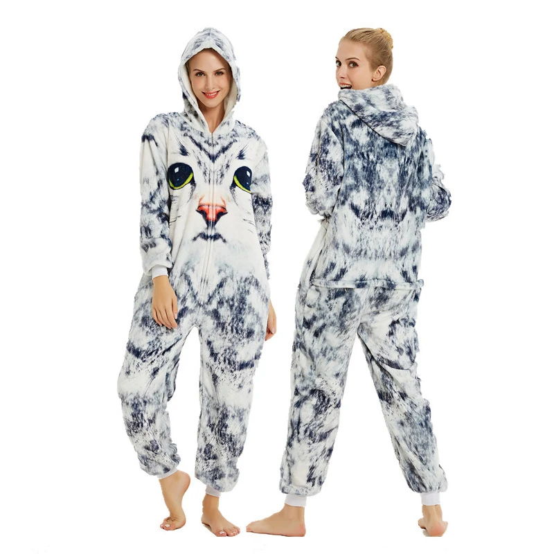 3D Cat Women Kigurumi Unicorn Pajamas Sets Flannel Animal Stich Pajamas kits Winter warm unicornio Nightie Pyjamas Sleepwear Homewear - Цвет: 3D Cat