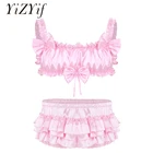 Мужской атласный комплект нижнего белья Sissy, бюстгальтер без косточек с рюшами и бантиком, укороченный топ, трусики-шаровары с многослойной юбкой, сексуальное мужское нижнее белье для геев