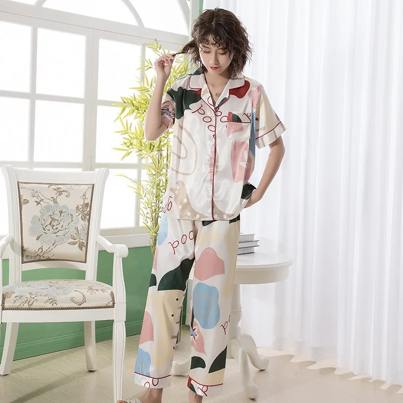 

Sleepwear Print Flower Femme Turn-Down Collar Pajamas With Buttons Sexy Home Clothes Summer Lounge Wear Casual Home Clothes