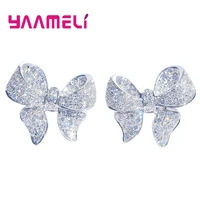 luxury micro aaa clear zirconia 925 sterling silver bow knot stud earrings for women girls party jewelry gift brincos