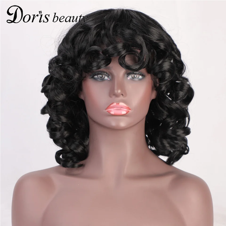 

Doris Beauty Short Hair Afro Kinky Curly Wig With Bangs Synthetic Ombre Loose Glueless Cosplay Wigs For Black Women Red Brown