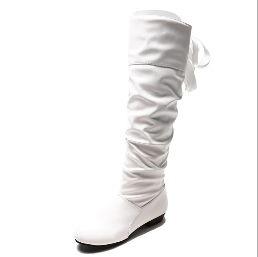 White (tassel) Женские зимние сапоги; коллекция года; модные высокие сапоги в стиле панк; Цвет Коричневый, толстый, черный; женские сапоги из искусственной кожи со складками; большие размеры 43 - Цвет: White (tassel)