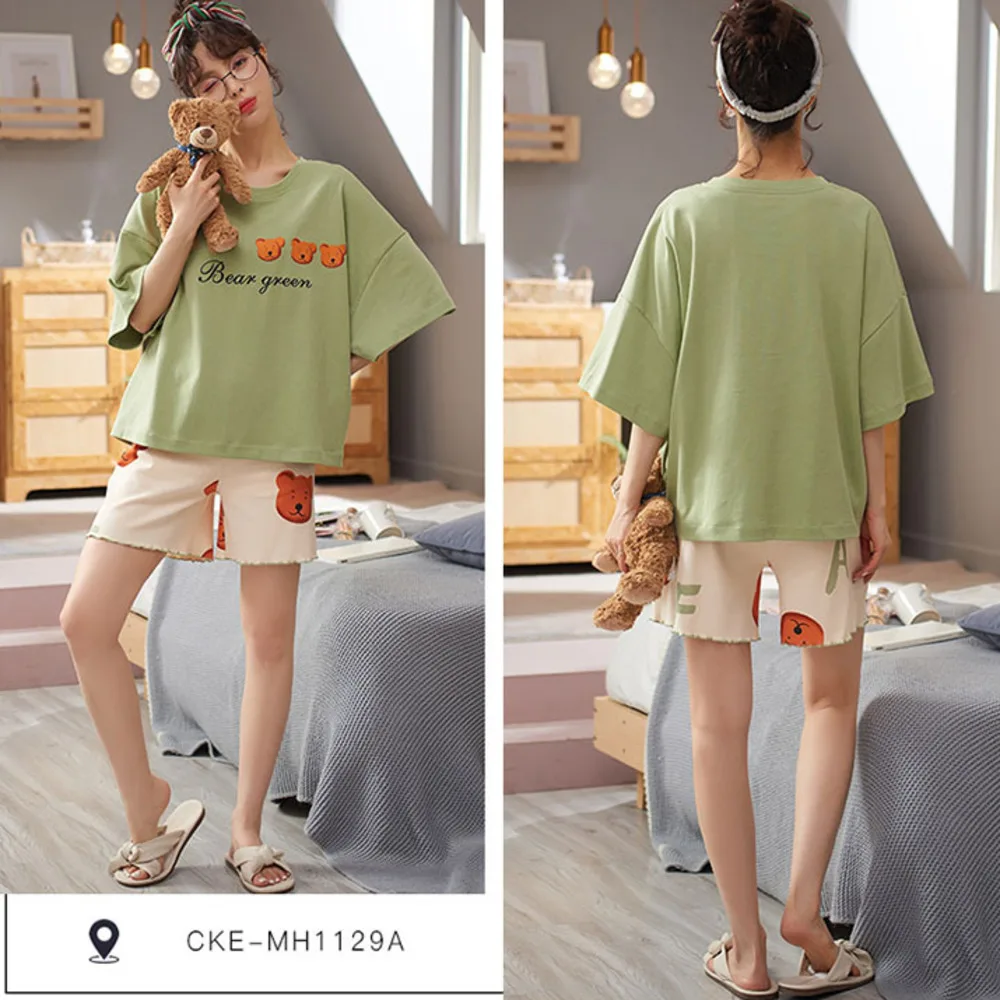 

2021 Summer New Pajamas Women's Lovely Comfortable Cotton Short Sleeve Shorts Pajamas Women's Net Red Suit Home Clothes Summer