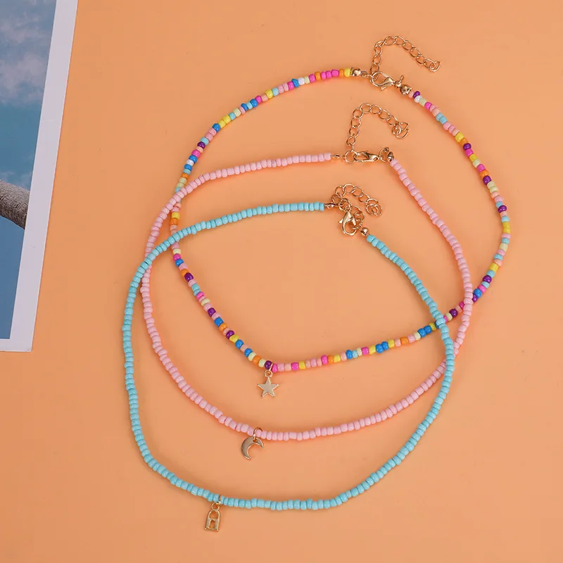 

Модное простое ожерелье в богемном стиле с цветными рисовыми бусинами, женское металлическое ожерелье с пятиконечной звездой, индивидуаль...
