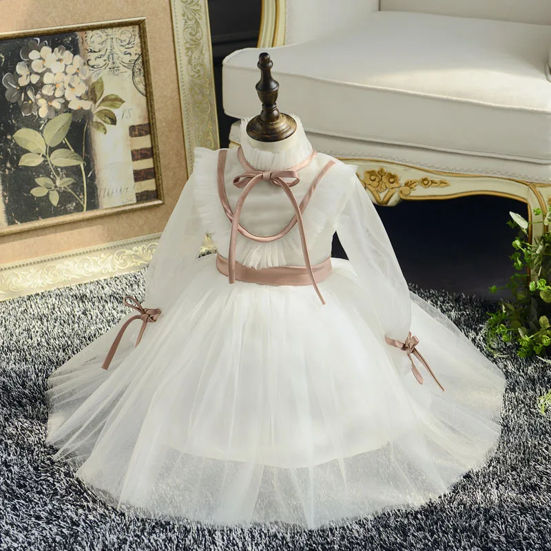 Платье принцессы для маленьких девочек белое кружевное платье крещения на 1-й