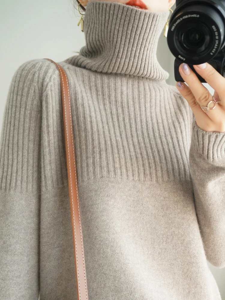 

Осенне-зимний свободный плотный свитер с воротником «хомут», Женский вязаный пуловер с длинным рукавом, однотонные Модные Повседневные баз...