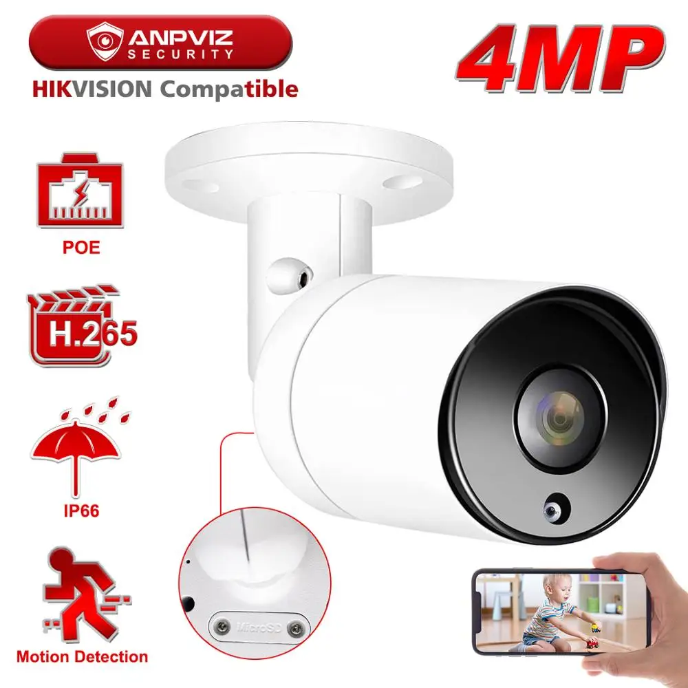 Hikvision совместимая с Anpviz 4MP POE IP камера цилиндрическая супер видеонаблюдения 30m IP66