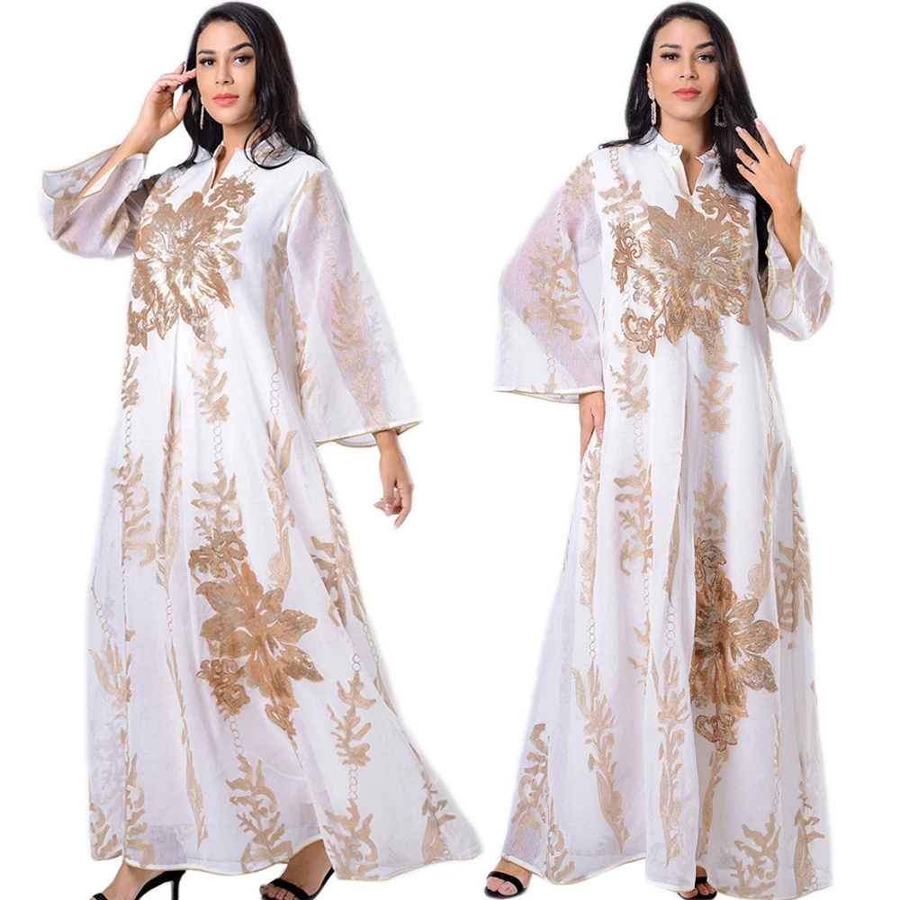 Женское длинное платье Рамадан, мусульманское платье, Роскошная золотая вышивка с блестками, абайя, Дубай, кафтан, Ближний Восток, мусульман...