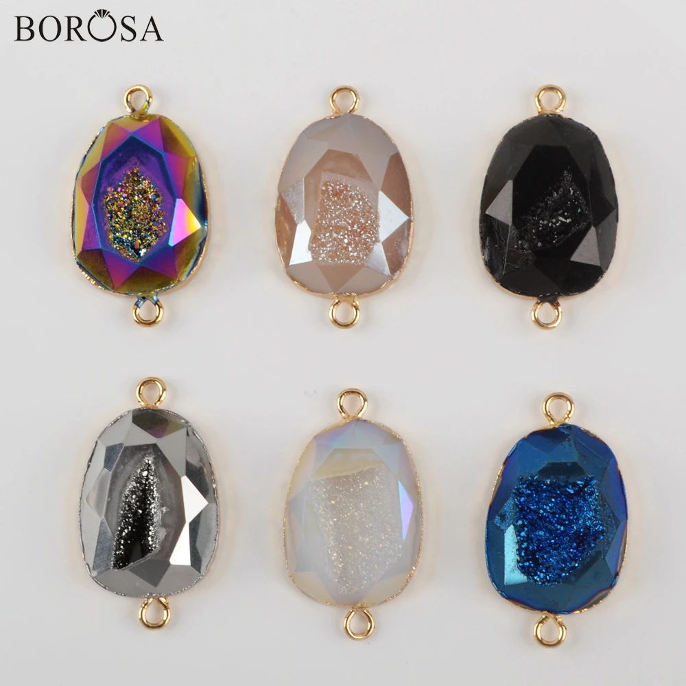 

BOROSA 5Pcs Natural Agates Druzy Connector Gold Necklace Jewelry Findings Rainbow Drusy Pendant Necklaces Women Bracelets G1949