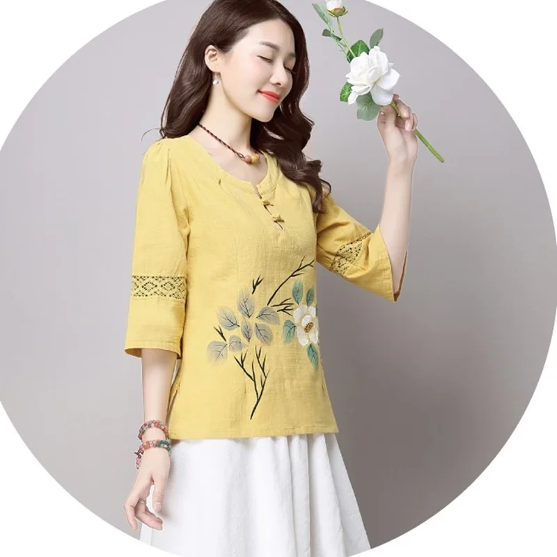 

Chinese Style Women'S Clothing Summer 2021 Casual Cheongsam Top Cotton Linen Shirts Loose Vintage Ladies Chinese