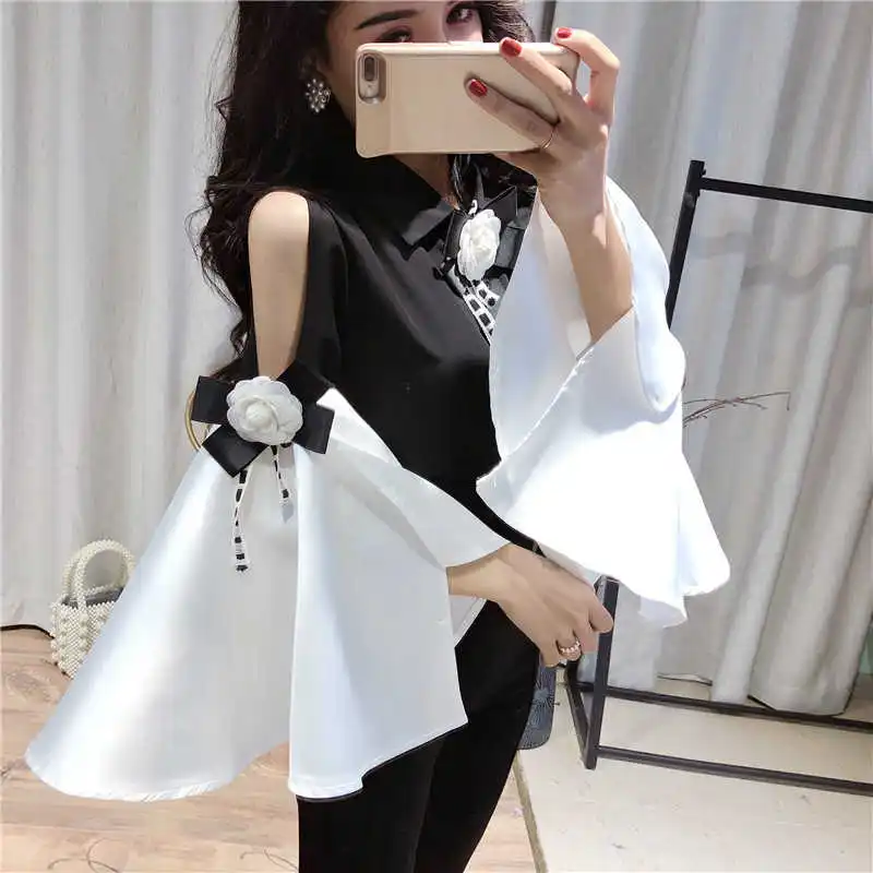 

Spring Summer 2020 New Vintage Lapel Strapless Big Flare sleeve Long sleeve Slim Chiffon Shirt 3D Flower Deco Blouse Women