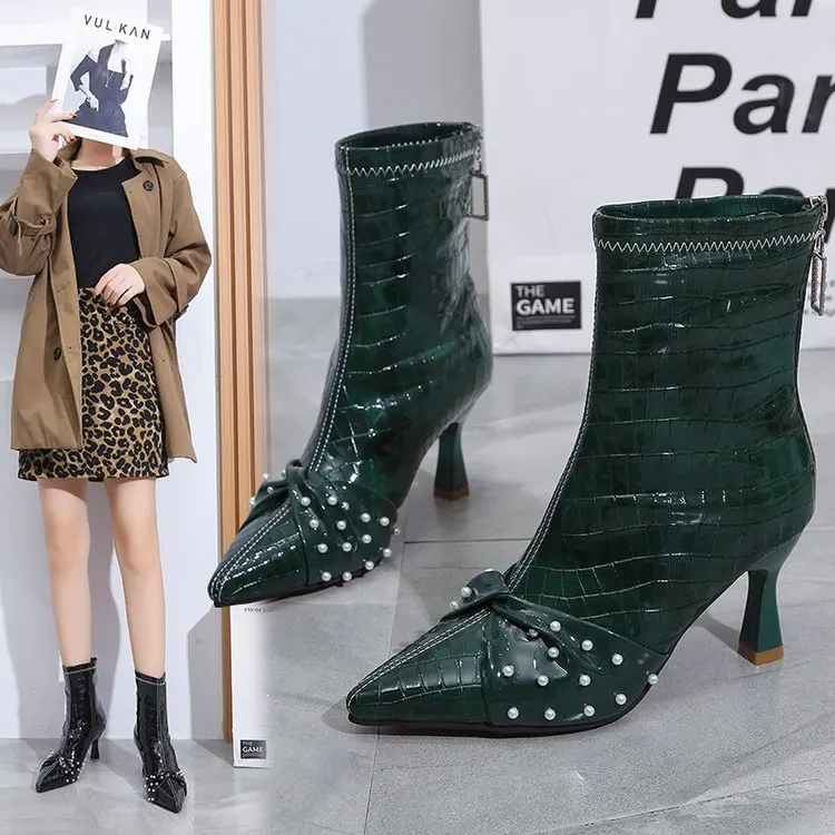 

Женские ботинки на молнии, осенне-зимняя обувь, женские ботинки на высоком каблуке, дамские резиновые ботильоны с острым носком, римская обу...