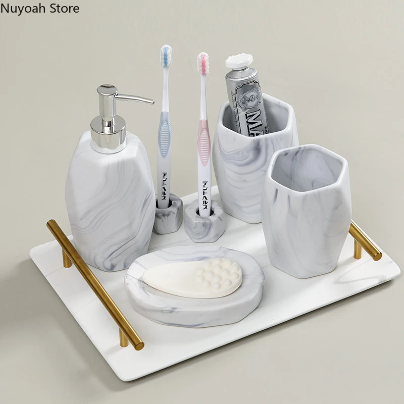 

Bathroom Supplies Nordic Marble Ceramic Lotion Bottle Soap Dish Toothbrush Cup Light Luxury Home Bathroom Decoration Accessories