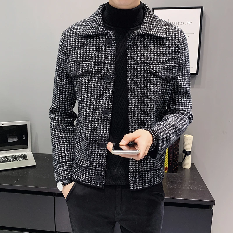 

Jacket men's autumn and winter trend Korean Houndstooth Slim handsome wool jacket thickened short woolen knitted coat