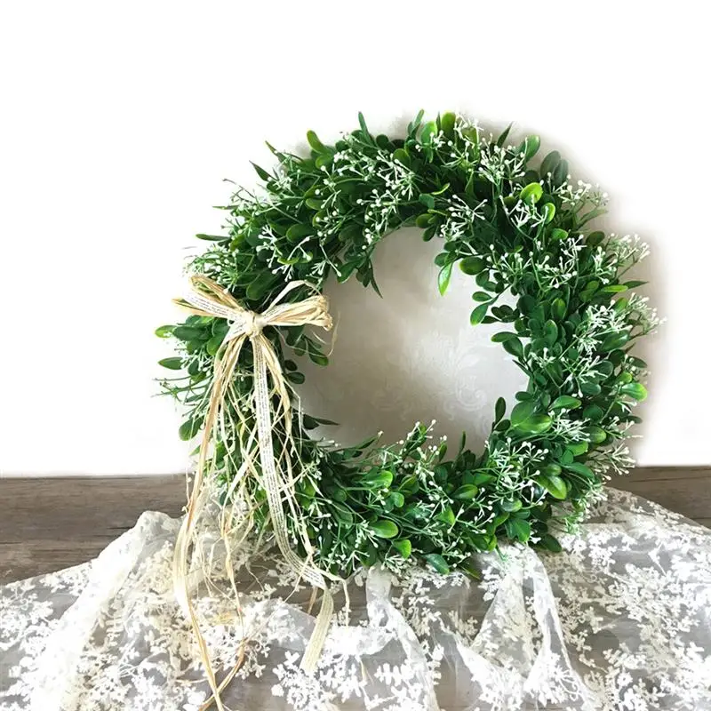 

Green Leaves Wreath 15.75'' Front Door Artificial Wreath Shell Grass Boxwood Hanging Wreath For Wedding Wall Window Party Decor