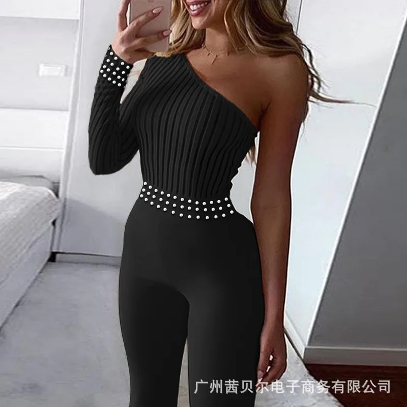 

2021 summer new fashion bubble bead one-shoulder jumpsuit jumpsuits