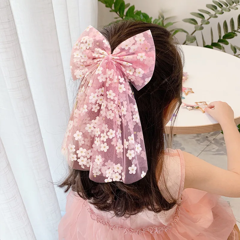 

Net Yarn Children's Bowknot Hairpin Covered Cloth Duckbill Clip Western Princess Veil Hairpin Printing Sweet Hair Accessories