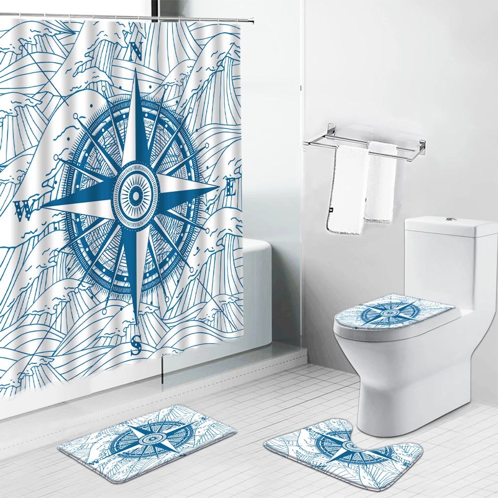 

Ocean Waves Sailboat Sea Navigation Scenery Cartoon Shower Curtain Lighthouse Modern Bathroom Decor Toilet Cover Mat Carpet Set