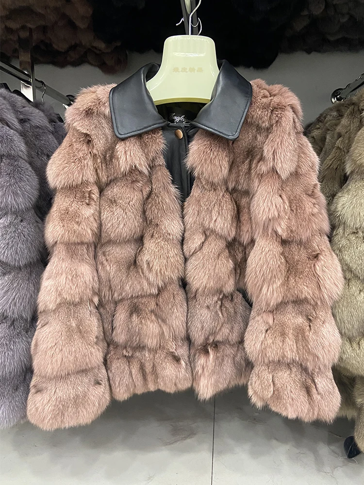 Women Winter Thick Warm Real Fox Fur Jacket Coat Fashion Female Genuine Leather Collar Coats Lady's Fox Fur Outwear