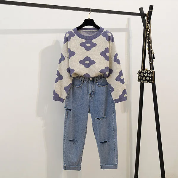 blue 2 piece set Осенний повседневный комплект из двух предметов, женский свободный пуловер с рисунком подсолнуха+ рваные брюки из денима - Цвет: blue 2 piece set