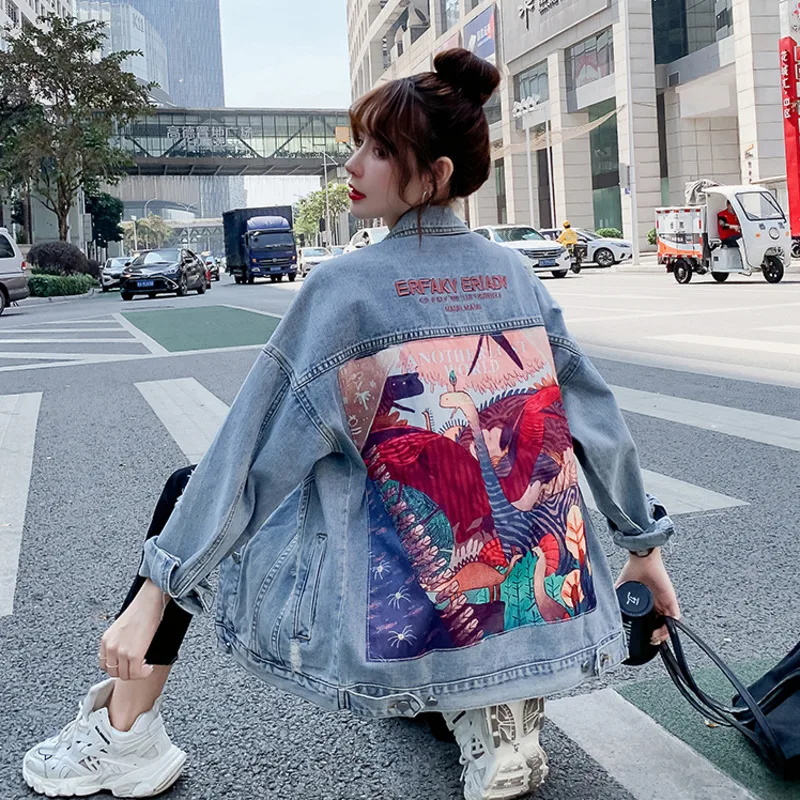 

Autumn Women 2021 New Vintage Streetwear Punk Style Jean Jacket Funny Cartoon Print Long Loose Fashion Denim Jacket Women Coat
