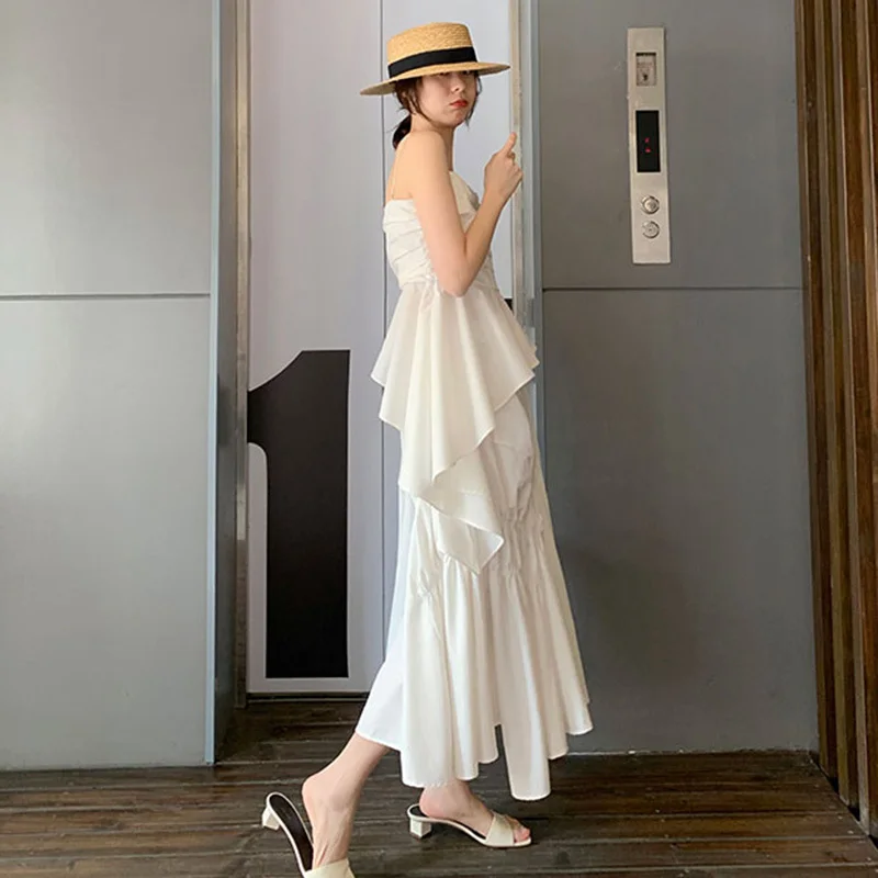 

DEAT High Elastic Waist White Irregular Ruffles Half-body Shirring Pleat Long Skirt Women Fashion New Spring Summer 2021 2F0297
