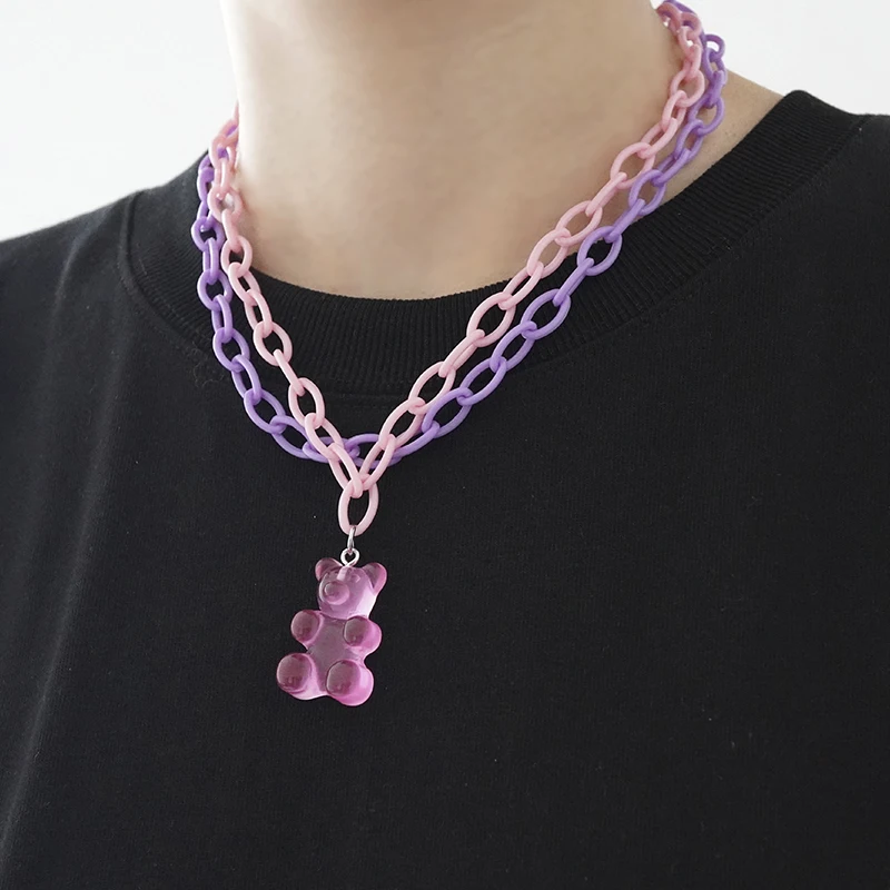 

Punk Hip Pop Cute Pink Bear Pendant Necklace For Women Couple Double Layer Acrylic Chain Choker Rapper Rock Statement Jewelry