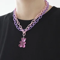 punk hip pop cute pink bear pendant necklace for women couple double layer acrylic chain choker rapper rock statement jewelry