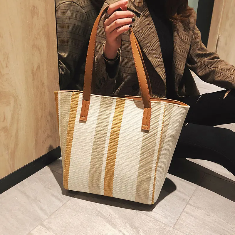 

Вместительная Холщовая Сумка через плечо для женщин, 2019, женская сумка-тоут, роскошная полосатая дизайнерская качественная сумка для подро...