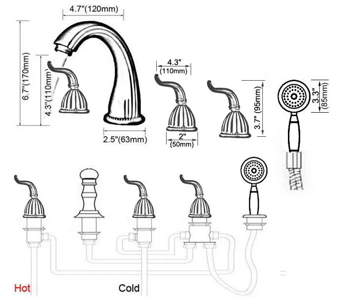 Смеситель для ванной комнаты ztf243 античный латунный с 5 отверстиями ручной душ |