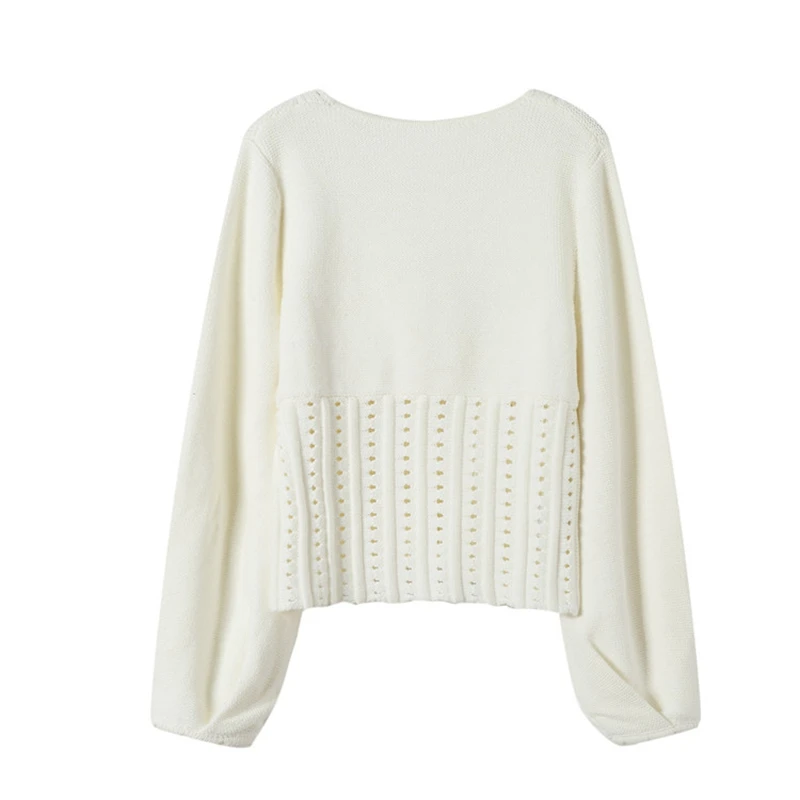 RealShe вязаный женский свитер с v образным вырезом и длинным рукавом фонариком топы