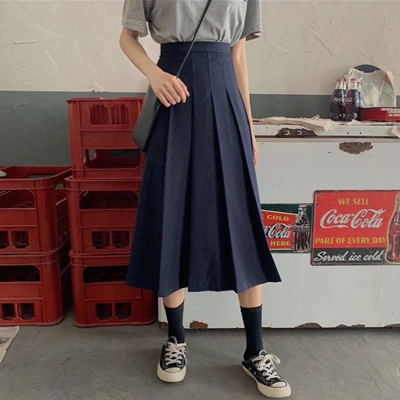 

long skirts for women Spring 2021 new Korean style high waist retro pleated A-line skirt mid-length skirt pleated skirt