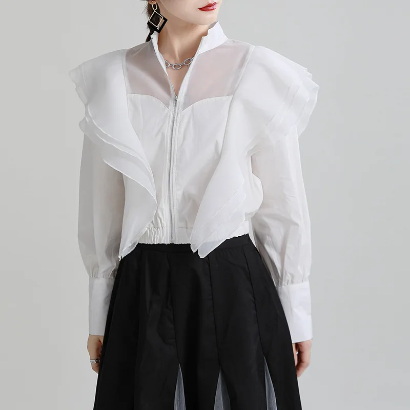 

2021 Early Autumn Stand Collar Multi-Layer Flounces Long Sleeves Short Coat Women Stitching Mesh Design Zipper Two Wear Coat