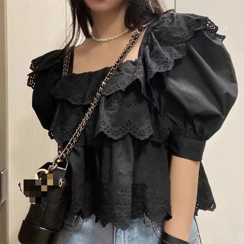 

2021 Spring New Solid Color Square Collar Ruffled Puff Sleeve Shirt