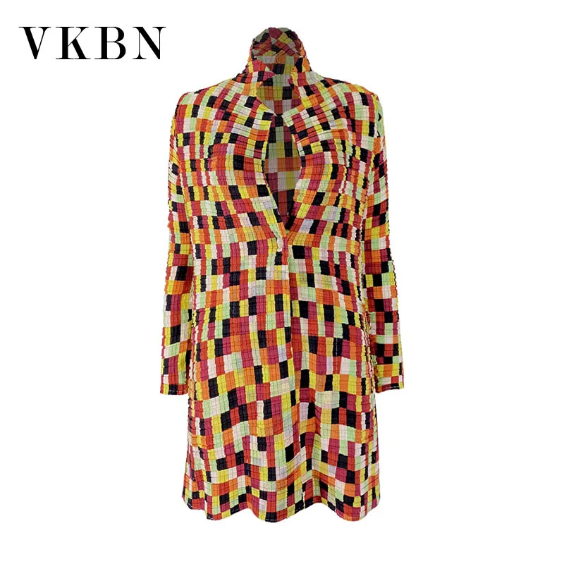 

VKBN 2021 New Spring Autumn Jaket Women Oversized Long Sleeve Mandarin Collar Open Stitch Pleated Fabric Color Printing