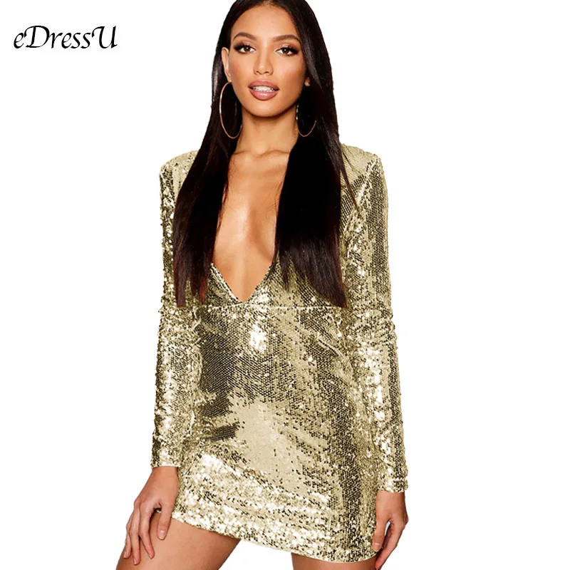 Облегающее платье с блестками женское сексуальное вечернее длинными рукавами
