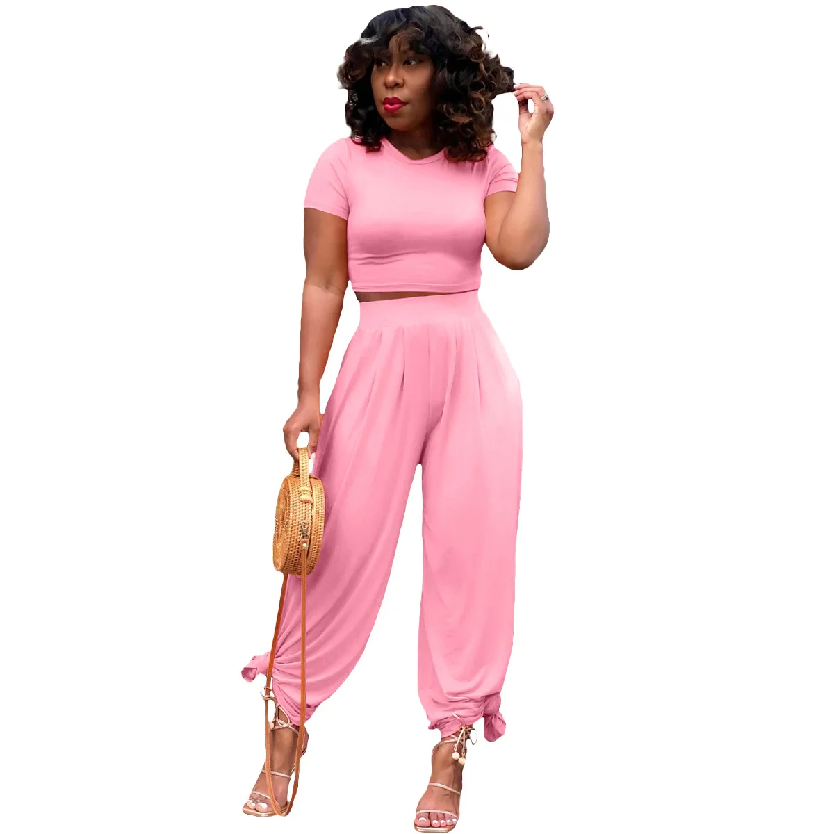 Женская футболка с коротким рукавом и штаны в стиле хип-хоп однотонные Цвет