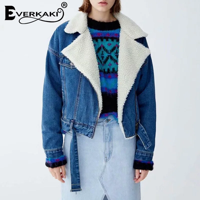 Everkaki/джинсовые куртки из искусственного меха ягненка пальто женские зимние